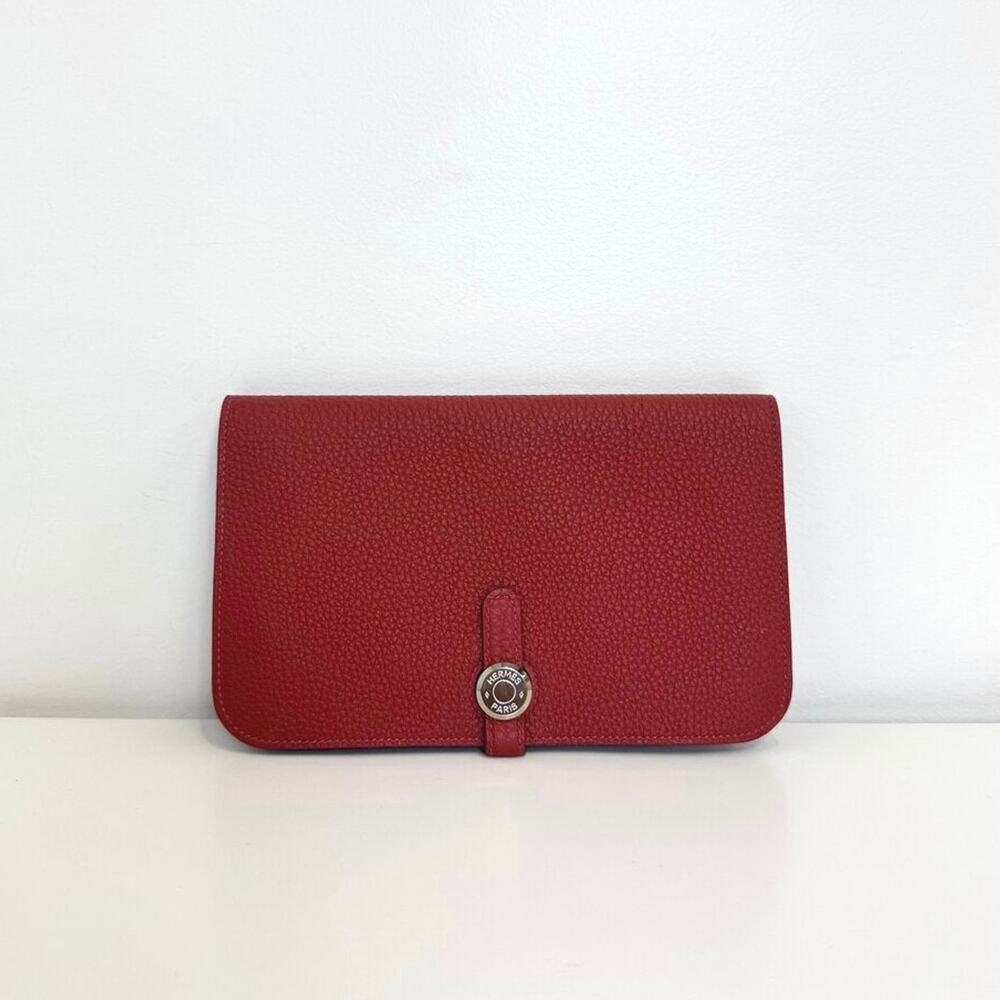HERMES Red Clemence Leather Dogon Duo Bifold Wallet Silver Hardware Flap Pouch